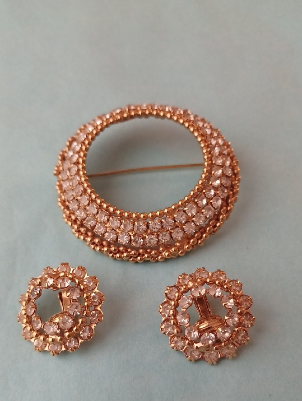 Elegant Rose Gold Crystal Brooch and Earrings Set - Park Lane Vintage
